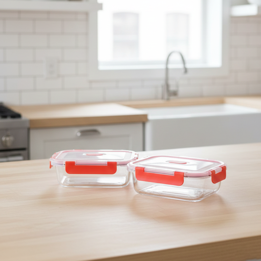 2Pcs Glass Bowls Set with Vented Lids - Rectangle