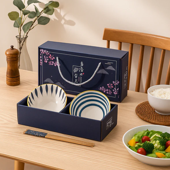 Modern Indigo Ceramic Bowls Set with Chopsticks