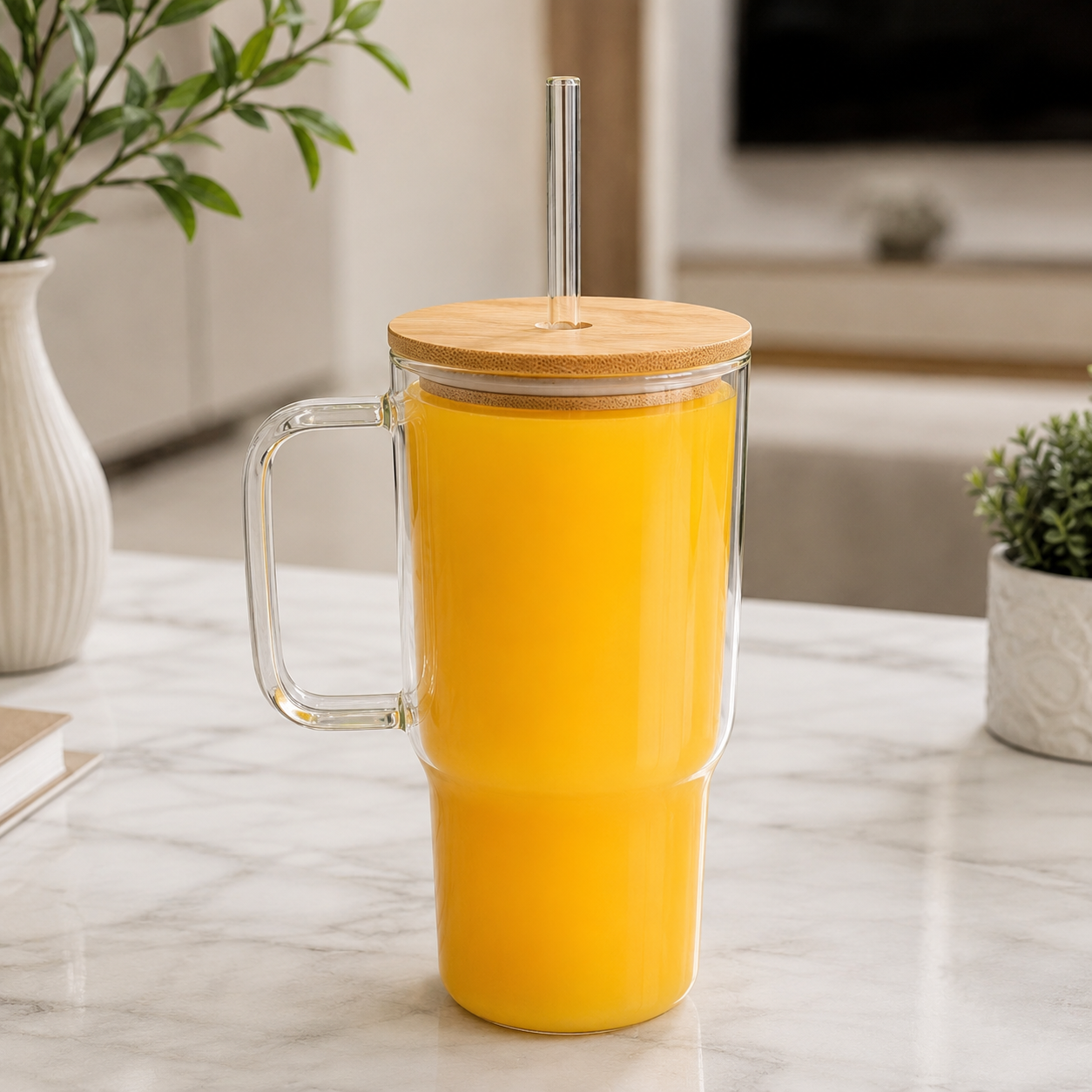 1 L Glass Tumbler with Bamboo Lid & Glass Straw