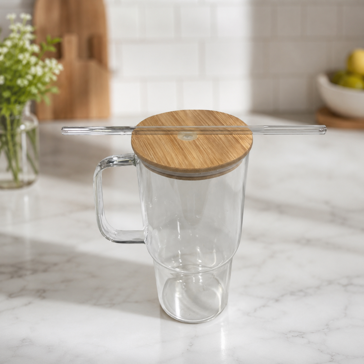 1 L Glass Tumbler with Bamboo Lid & Glass Straw