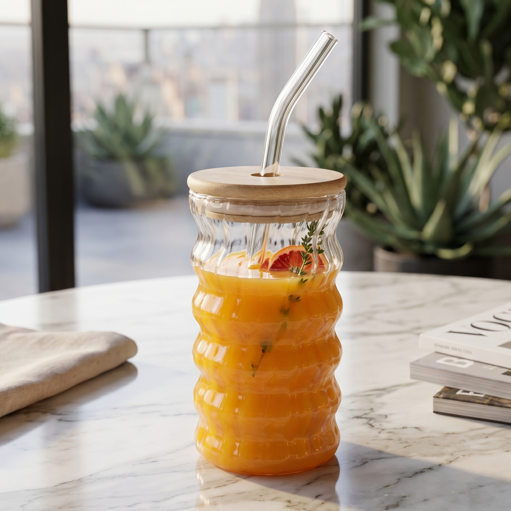 Ripple Borosilicate Glass Tumbler with Glass Straw