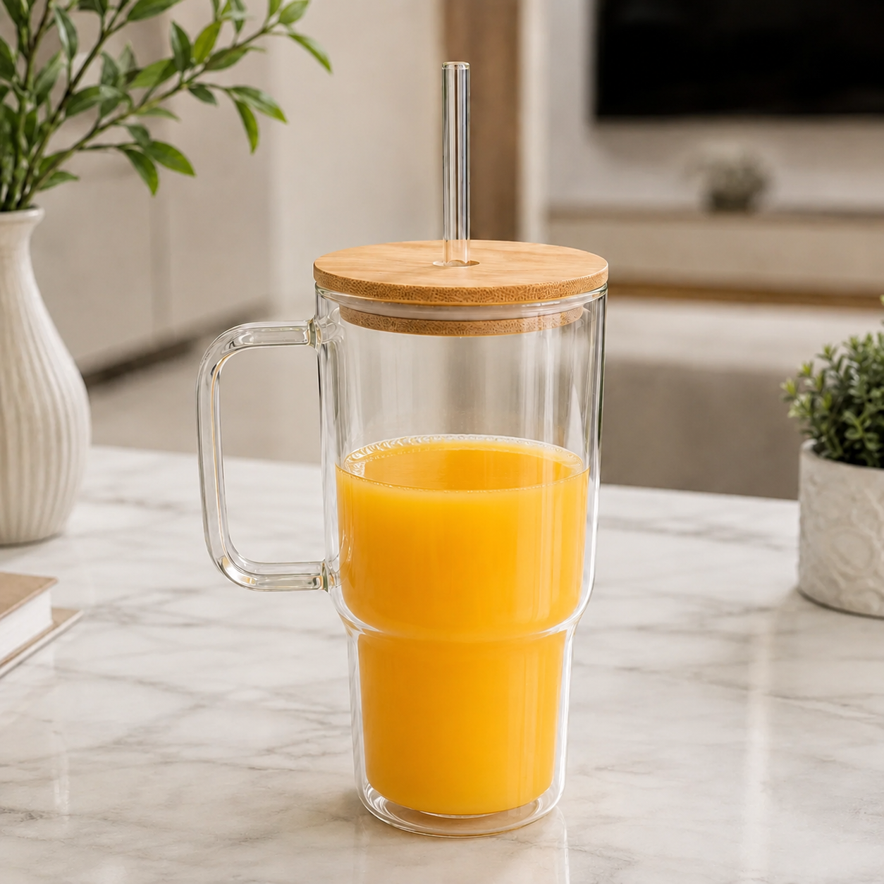 1 L Glass Tumbler with Bamboo Lid & Glass Straw