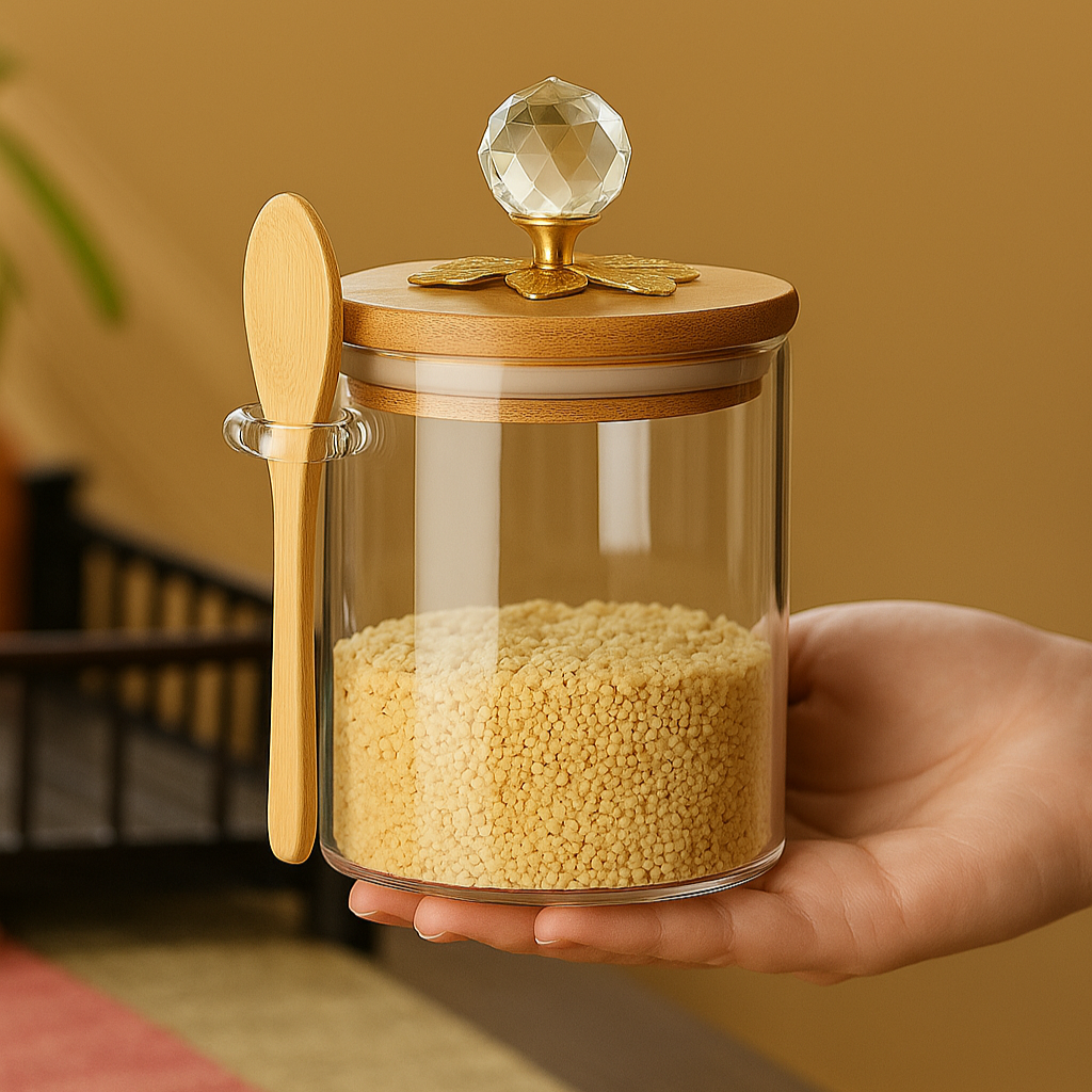 Glass Storage Jar with Decorative Bamboo Lid and Side Spoon