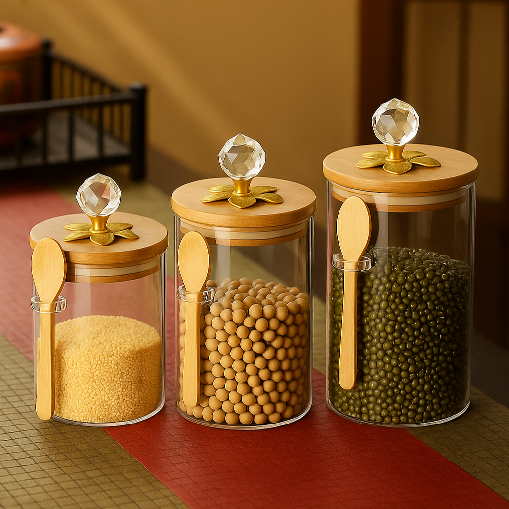 Glass Storage Jar with Decorative Bamboo Lid and Side Spoon