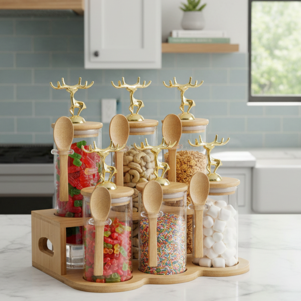 TintedGold 6-Pcs Airtight Storage Jars Set (1106) with Bamboo Spoon & Stand