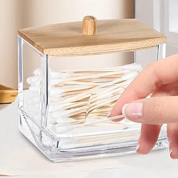 Drawer Style Cotton Swab Holder with Wooden Lid