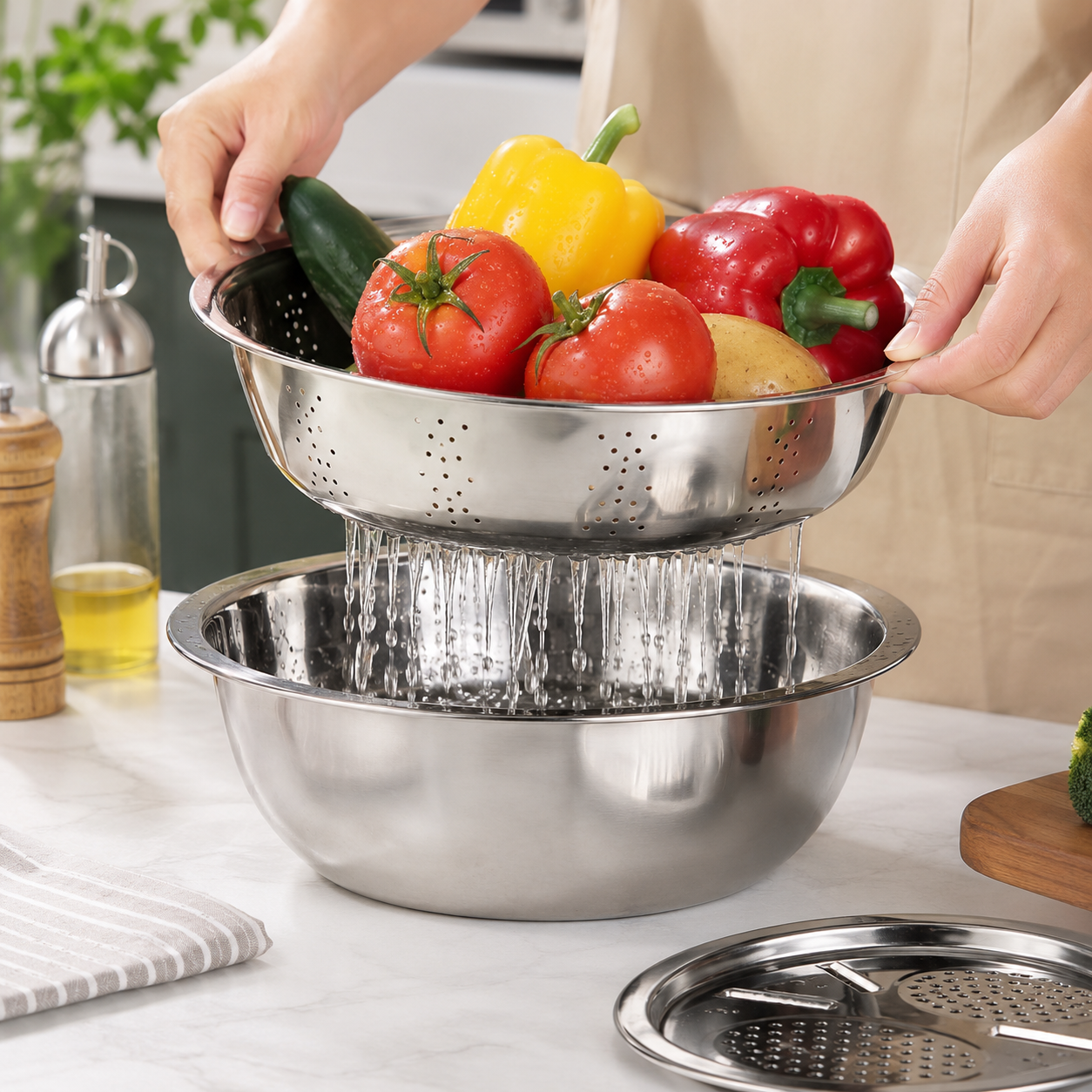 3 Piece Stainless Steel Grater & Colander Bowl Set