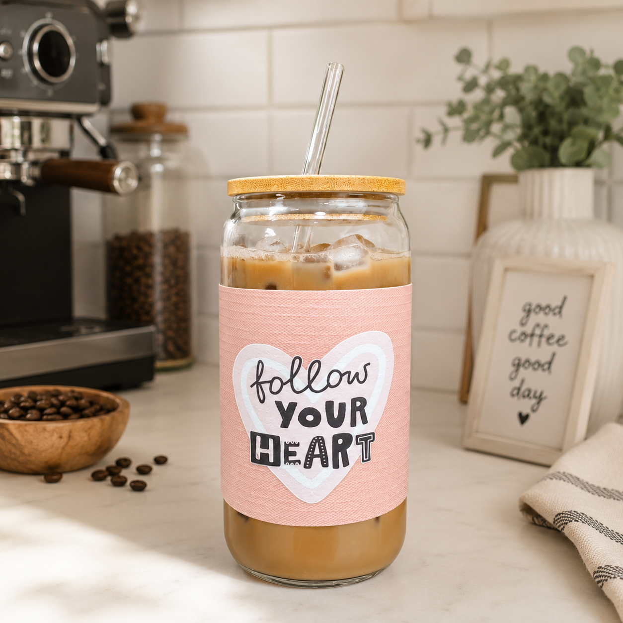 450ml Glass Tumbler with Fixed Sleeve, Wooden Lid & Straw