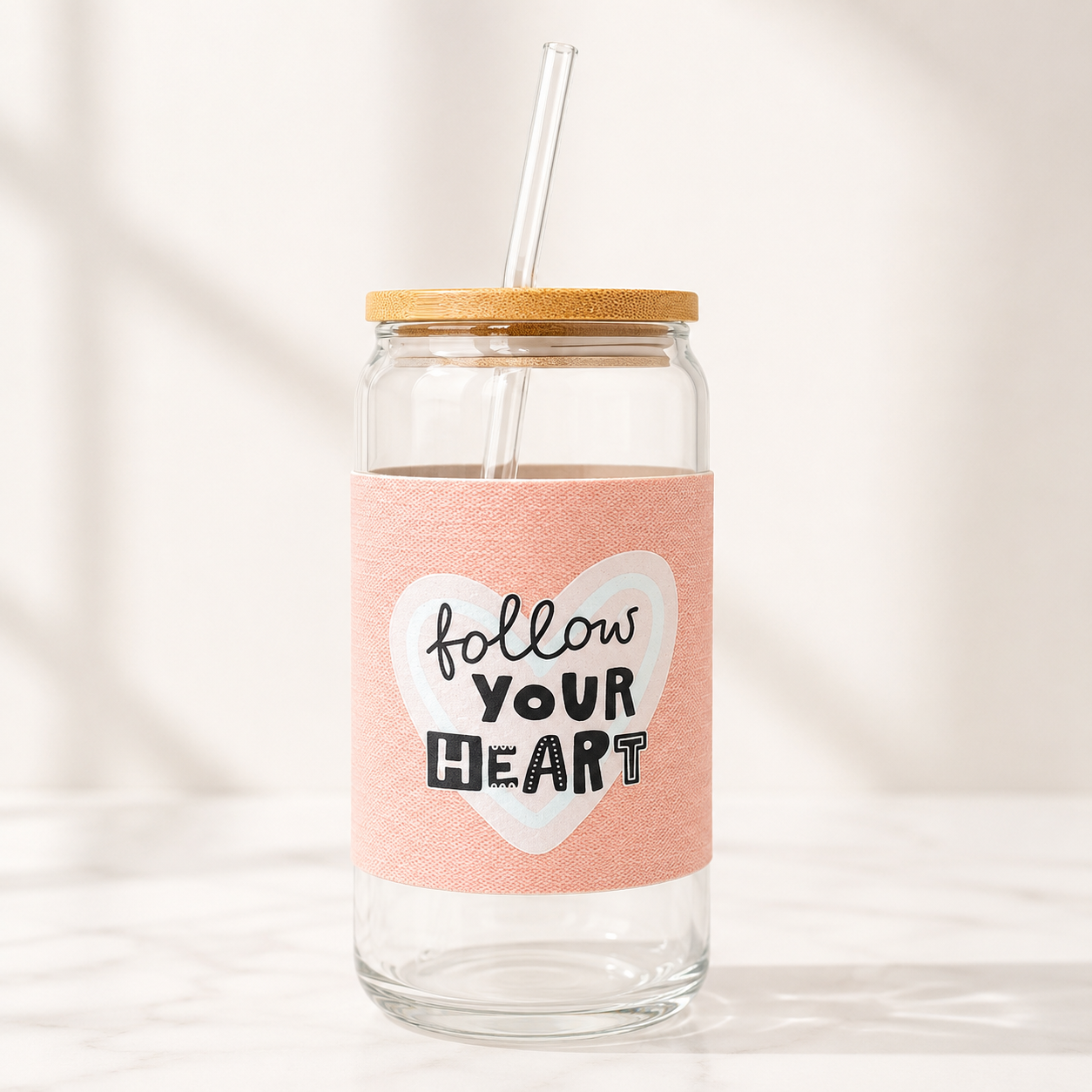 450ml Glass Tumbler with Fixed Sleeve, Wooden Lid & Straw