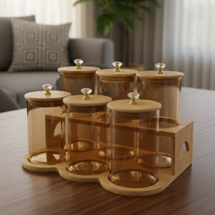 TintedDiamond 6-Pcs Glass Jar Set with Bamboo Stand (1119)