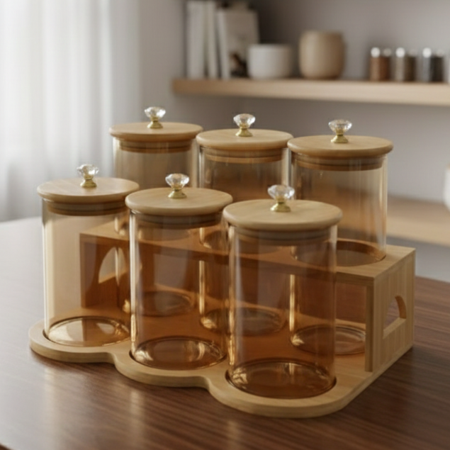 TintedDiamond 6-Pcs Glass Jar Set with Bamboo Stand (1119)