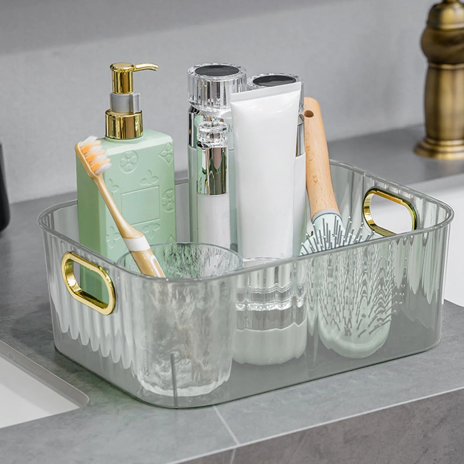 Ribbed Textured Storage Box with Golden Handles
