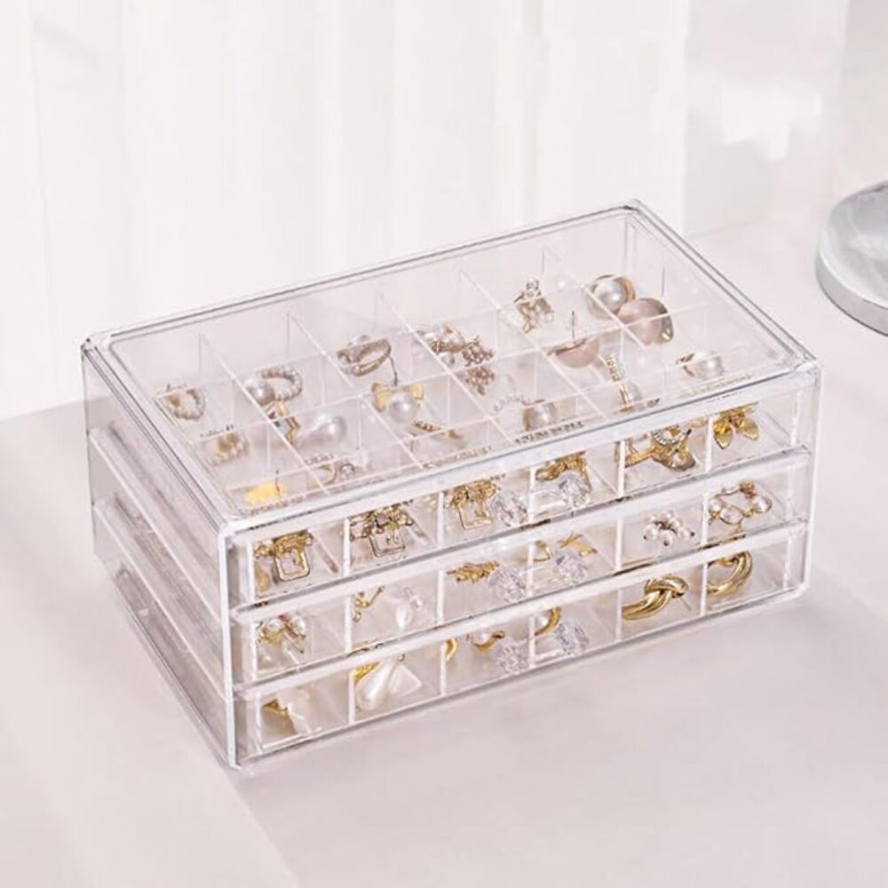Three Drawer Transparent Acrylic Jewellery Organizer (72 Grid)