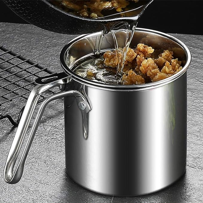 Premium Stainless Steel Oil Filter Pot with Fine Mesh Strainer