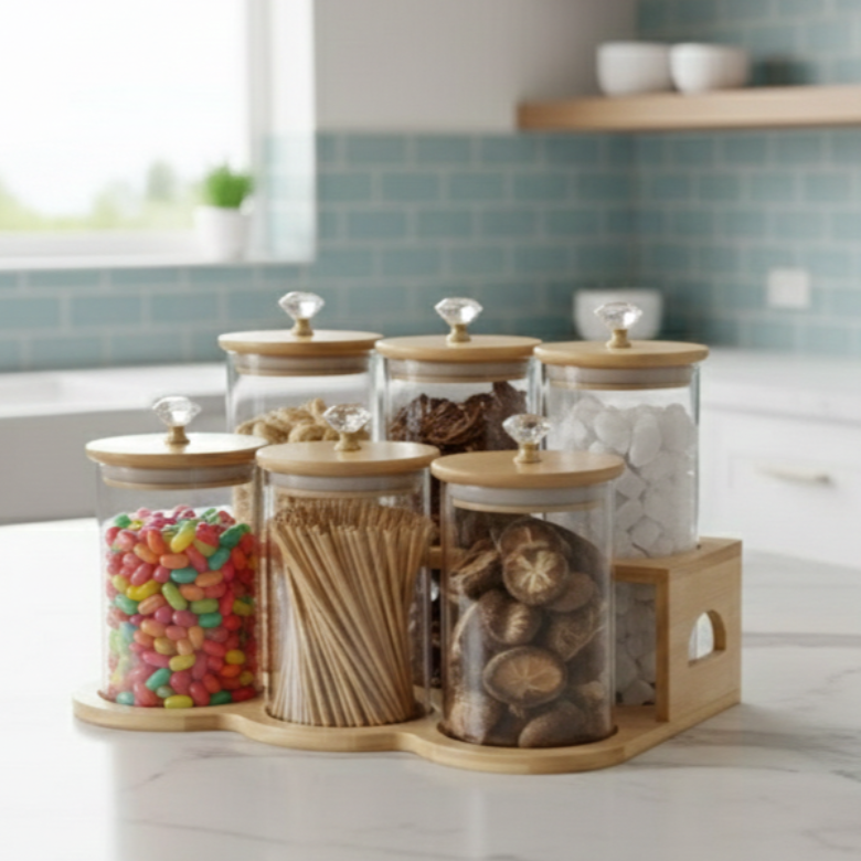 DiamondTop 6-Pcs Glass Jar Set with Bamboo Stand (1118)