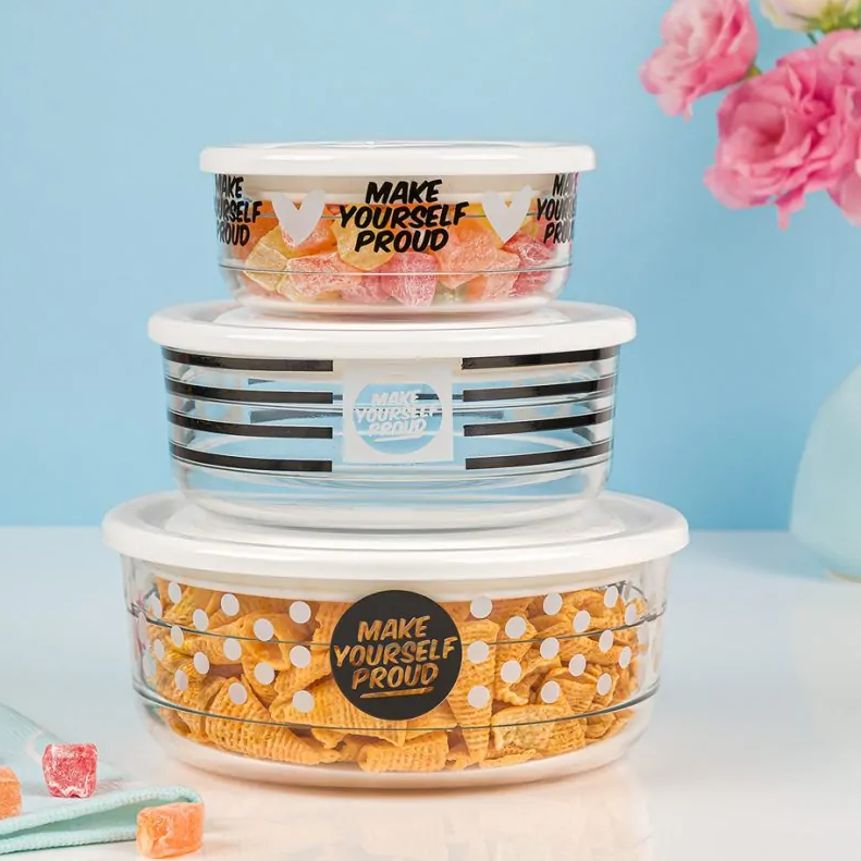 3-Pcs Printed Glass Bowl Set with Vented Lid (2074) by Limon