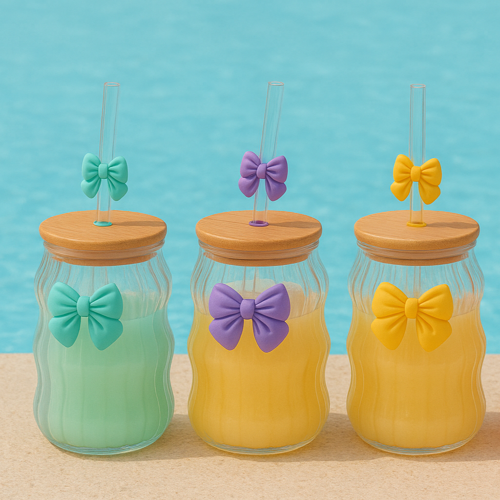 Bow Pattern Glass Tumbler with Wooden Lid & Glass Straw