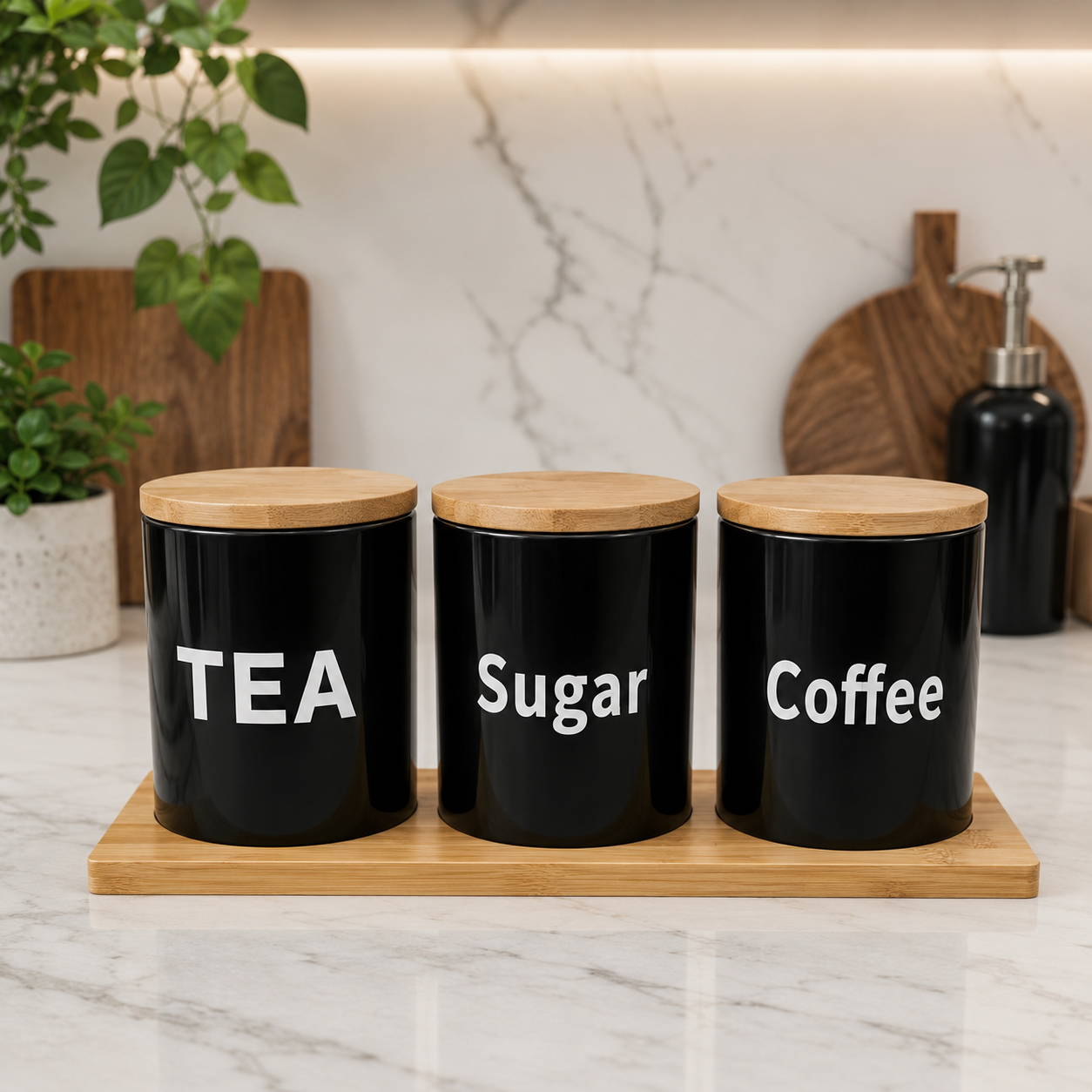 Airtight Glass Tea, Coffee & Sugar Jar Set with Bamboo Tray