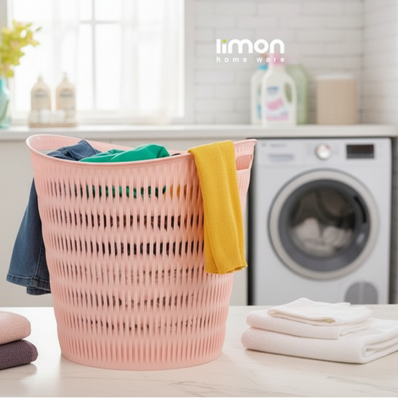 Round Bamboo-Style Laundry Basket with Handles (1400) by Limon
