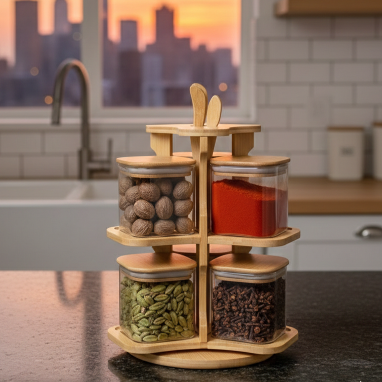 360° Bamboo & Glass Culinary Carousel with Square Jars (1135)