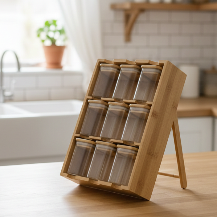 The Spice Slope: 9-Jar Fixed-Angle Bamboo & Glass Gallery (1132)