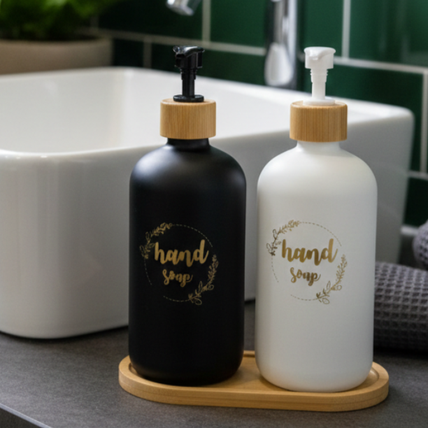 BambooGlass Liquid Dispenser - Set of Black & White Bottles