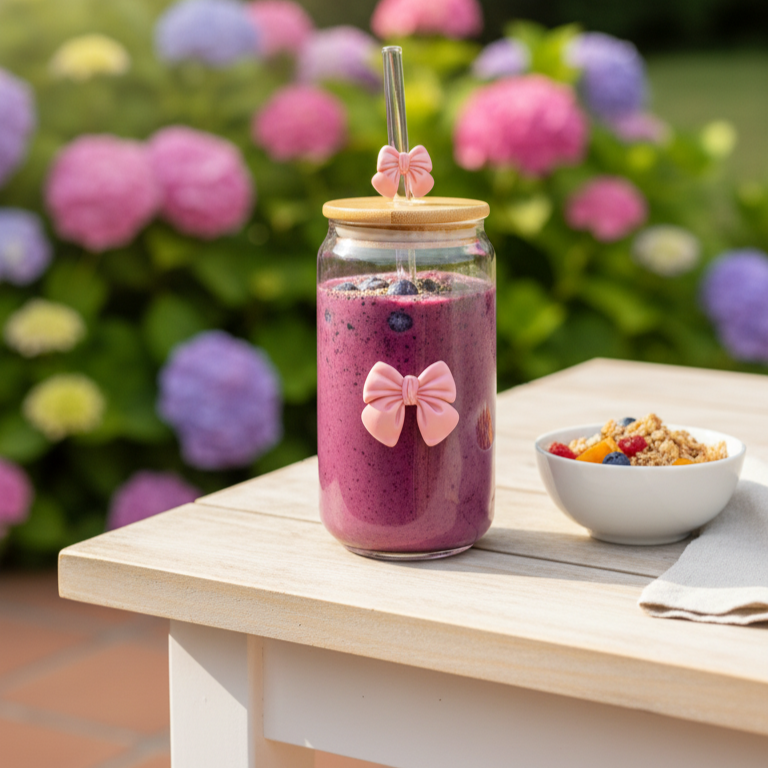 BambooBow Glass Tumbler with Cute Bow Straw