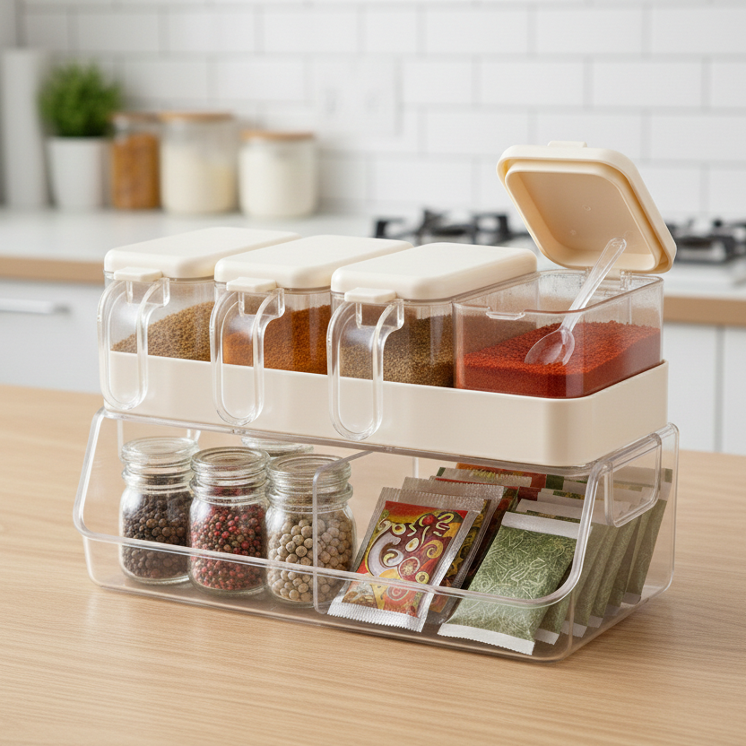 Wall Mounted 4-Compartment Seasoning Spice Station