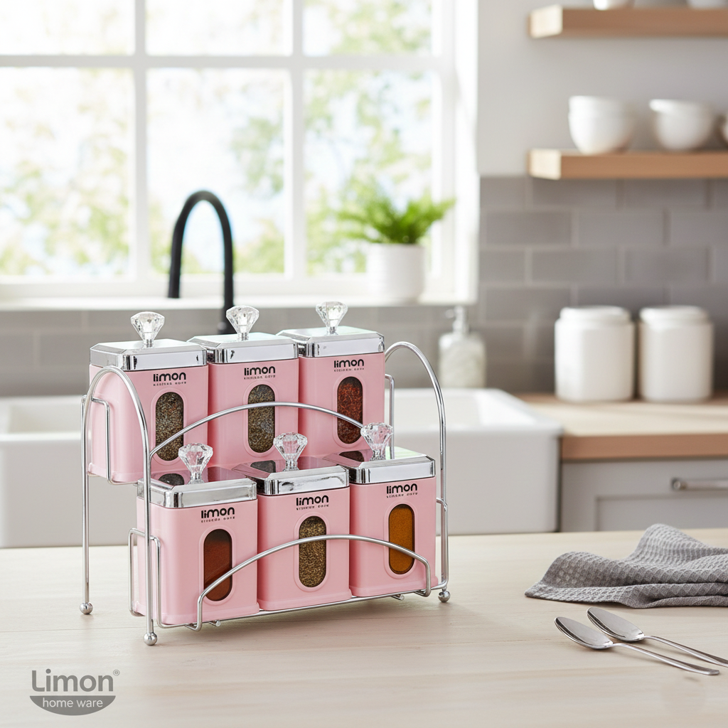 Elegant 6-Piece Airtight Spice Jar Rack with Spoons (1971) by Limon