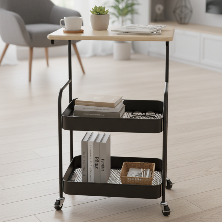 3-Tier Metal Rolling Cart with Wooden Top