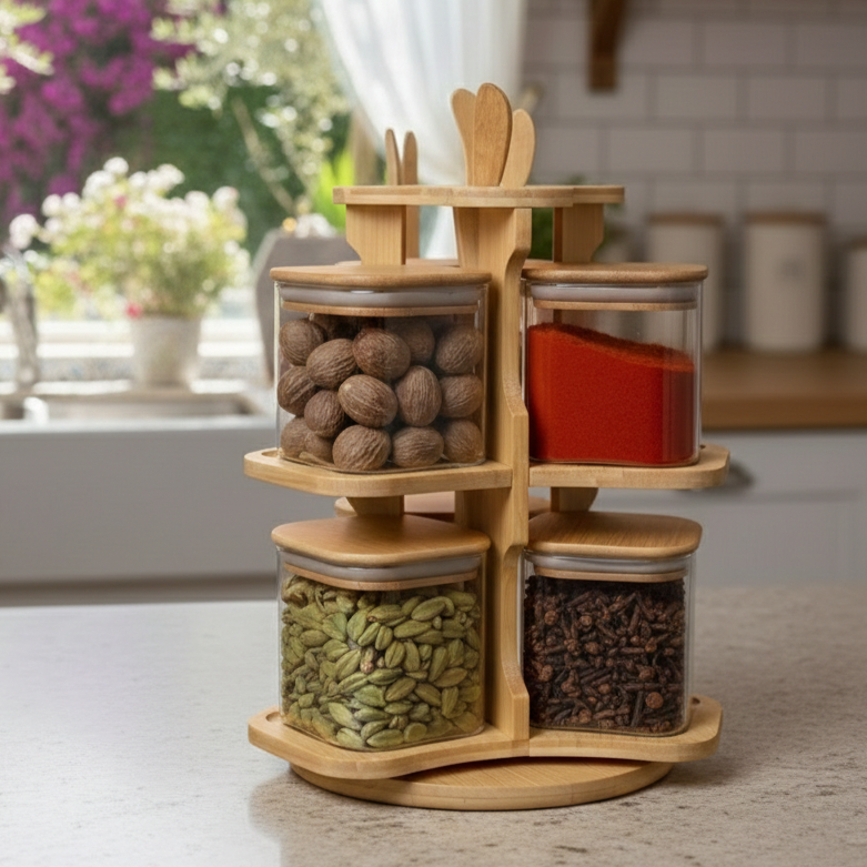 360° Bamboo & Glass Culinary Carousel with Square Jars (1135)