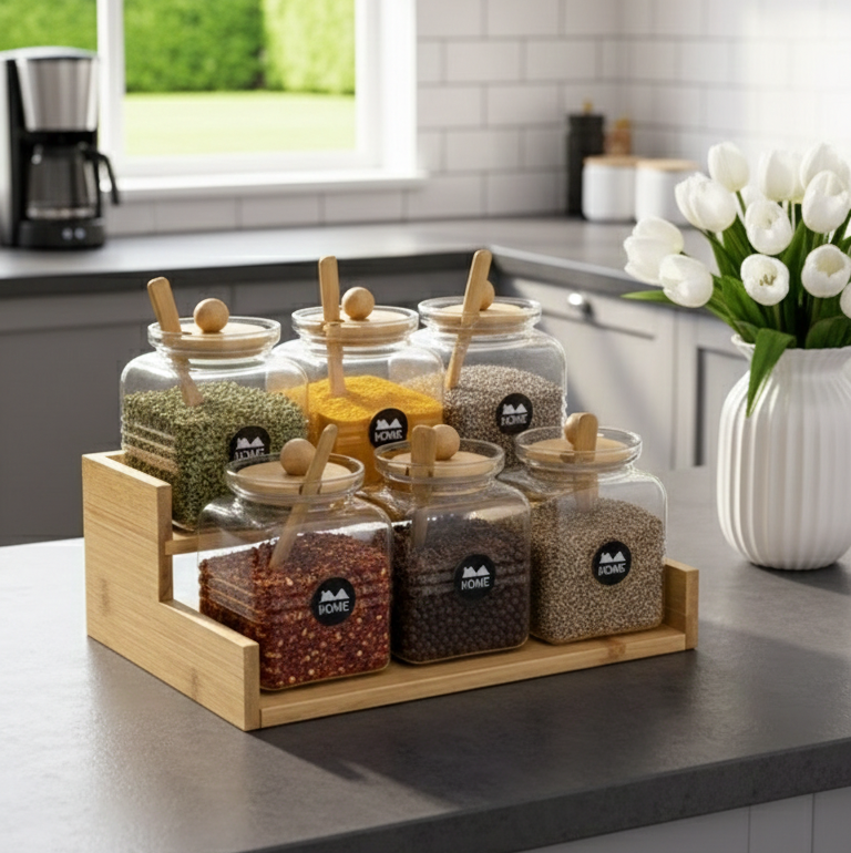 2-Tier Bamboo Spice Rack with Glass Jars & Wooden Spoons (1133)