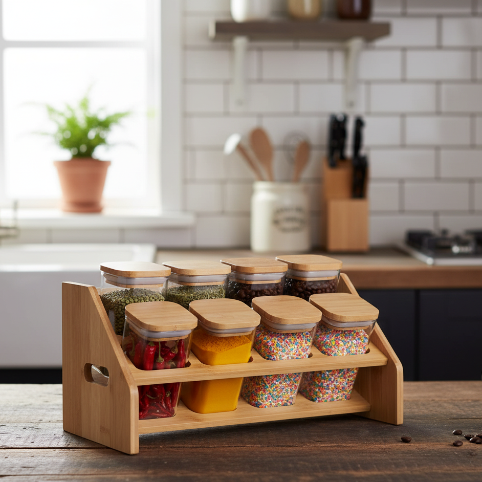 Smart 8-Piece Glass Jar Station with Airtight Wooden Lids