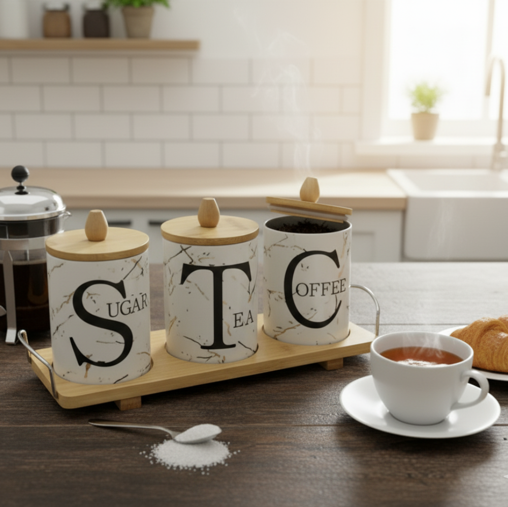 3-Piece Ceramic Canisters Set with Carrry'n'Serve Tray