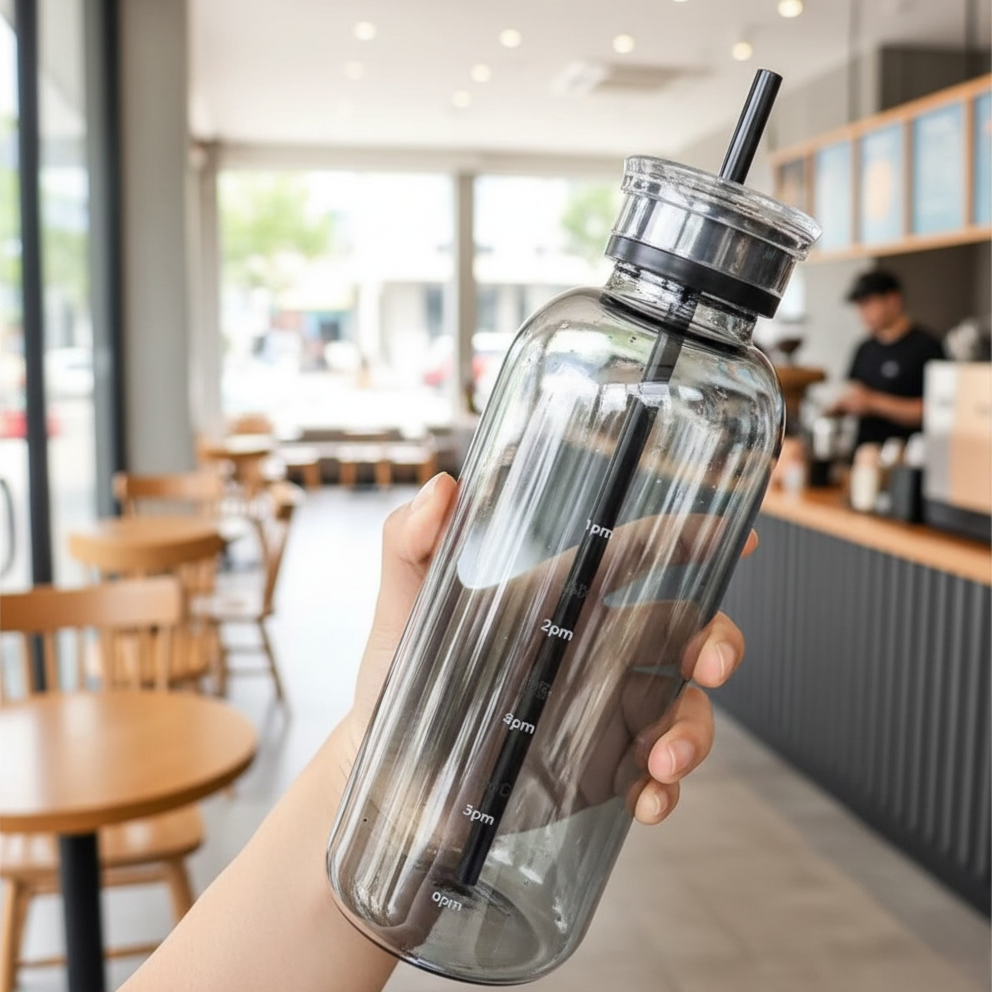 Trendy Dual-Lid Time-Marked Glass Bottle