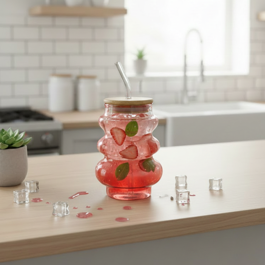 SmokyRippled Airtight Glass Tumbler with Straw