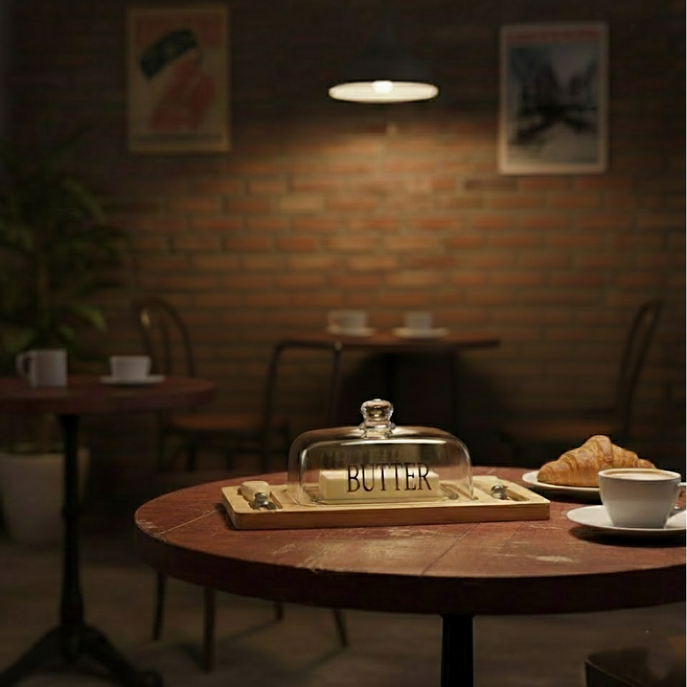 Glass Butter Dish with Bamboo Base & Dual Knives