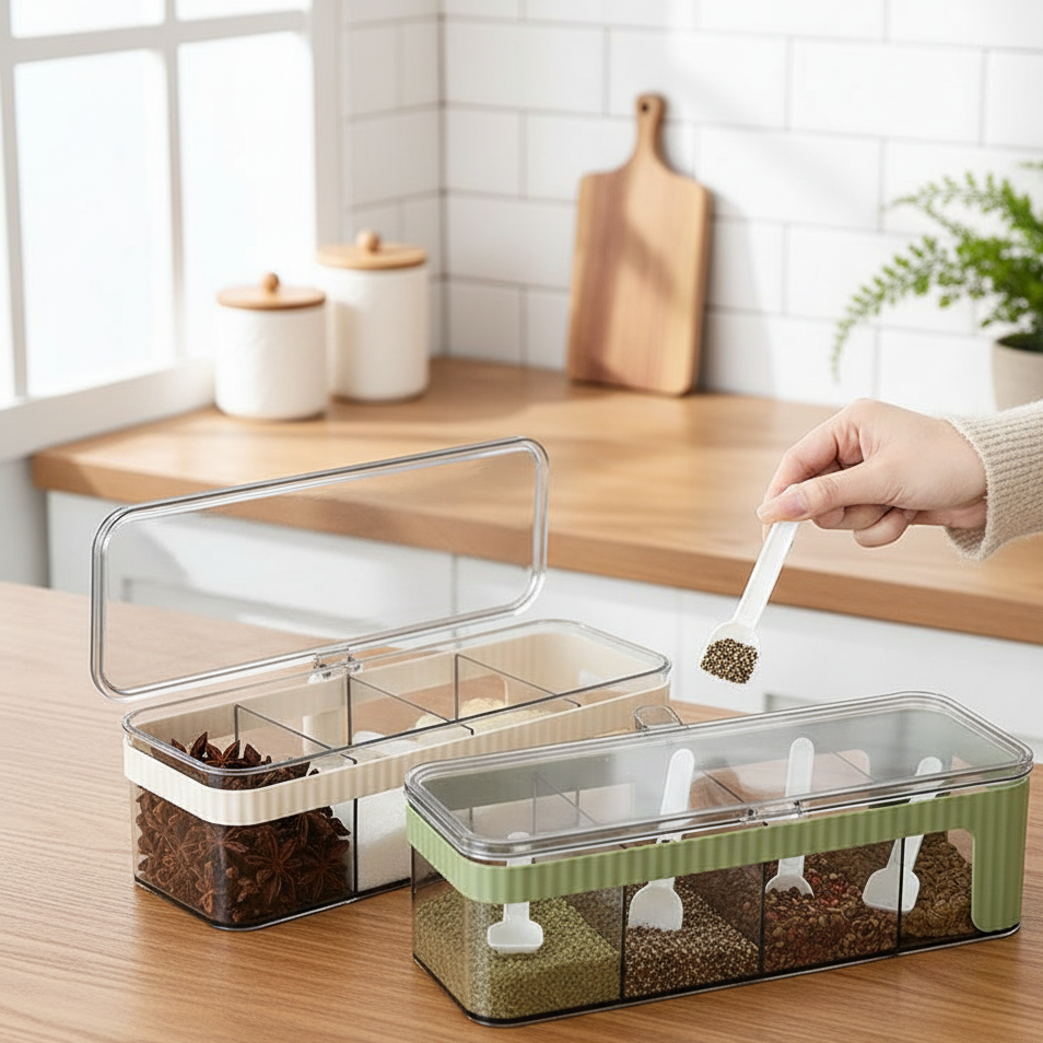 OrganicFlavour Multi‑Section Spice Container with Lid & Spoons