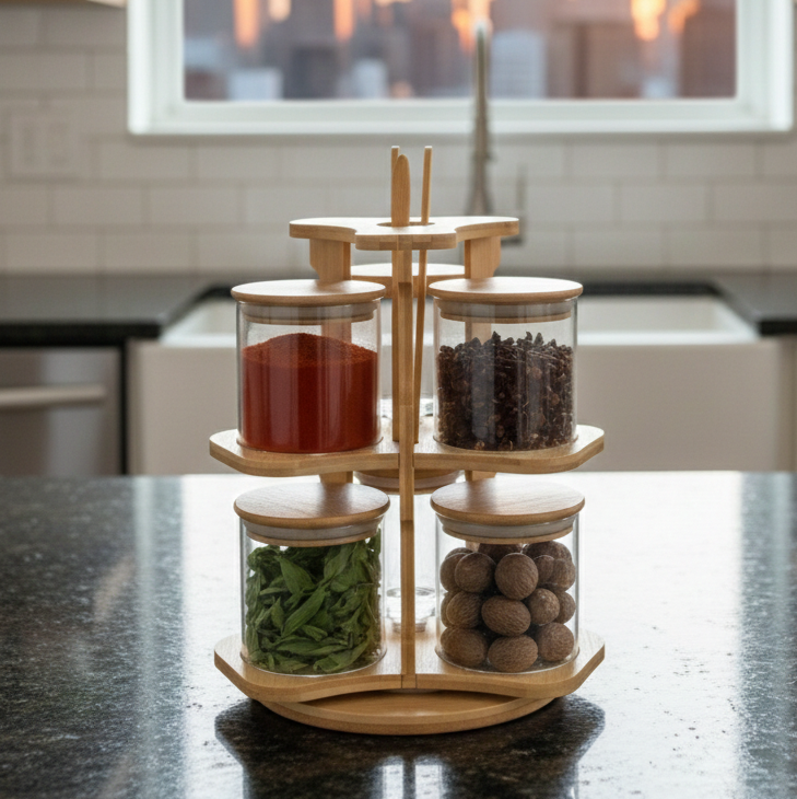 360° Bamboo & Glass Culinary Carousel with Round Jars (1134)