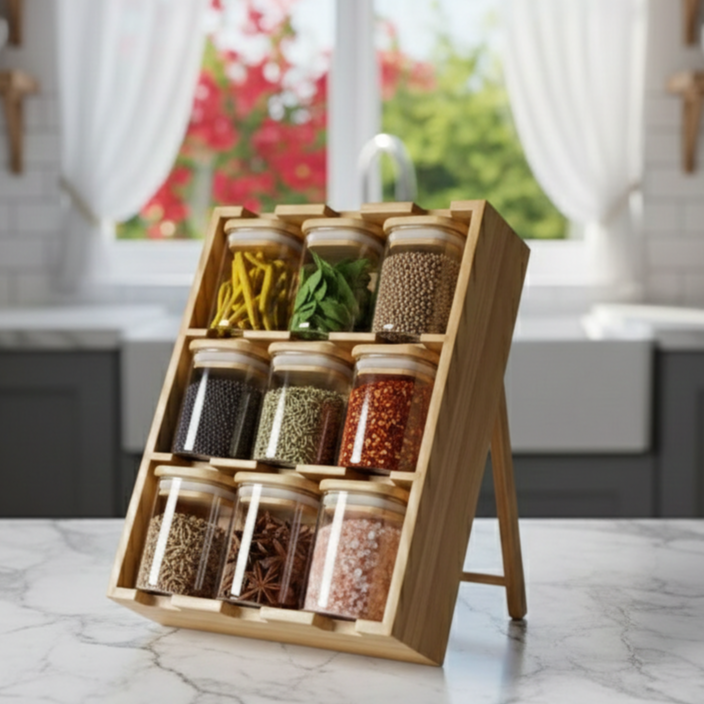 The Spice Slope: 9-Jar Fixed-Angle Bamboo & Glass Gallery (1132)