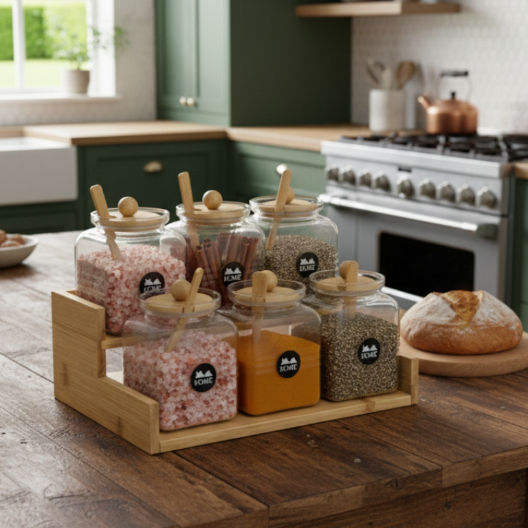 2-Tier Bamboo Spice Rack with Glass Jars & Wooden Spoons (1133)