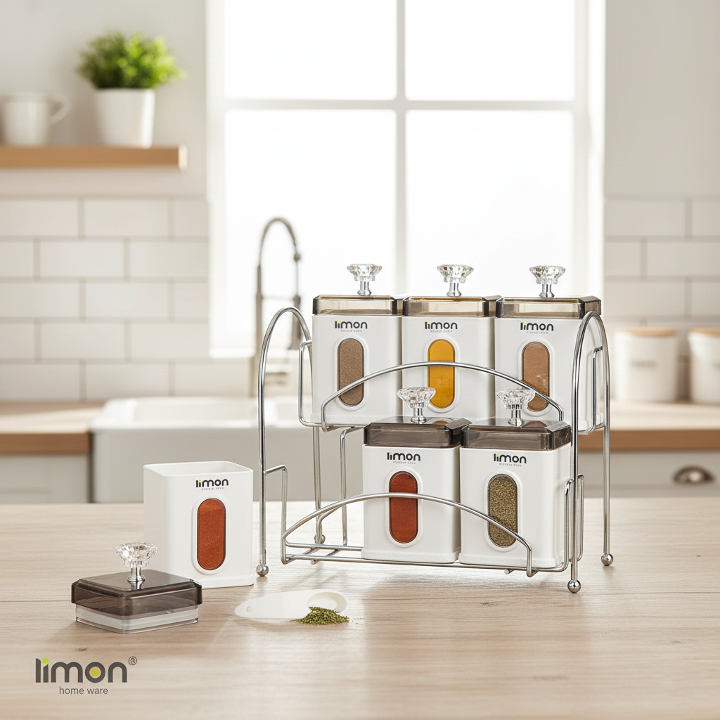 Elegant 6-Piece Airtight Spice Jar Rack with Spoons (1971) by Limon