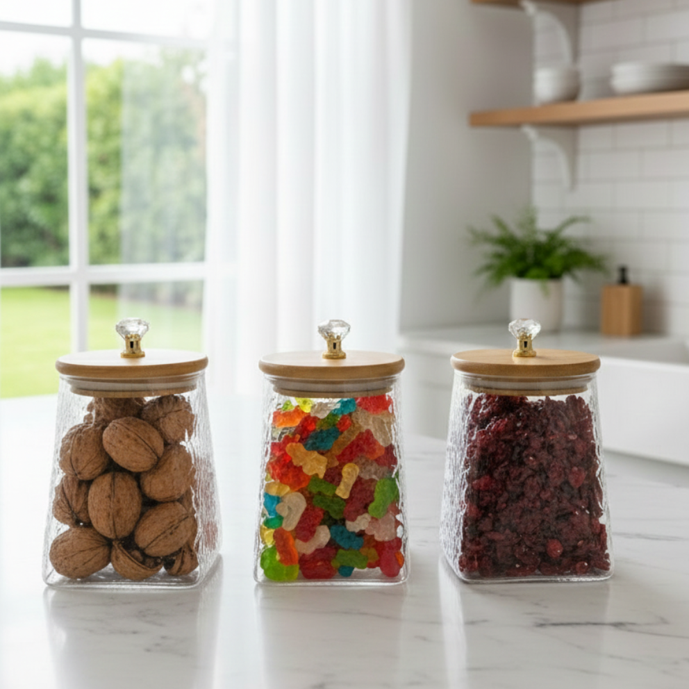 DiamondTop 3-Pcs Glass Jar Set with Airtight Lids (1102)