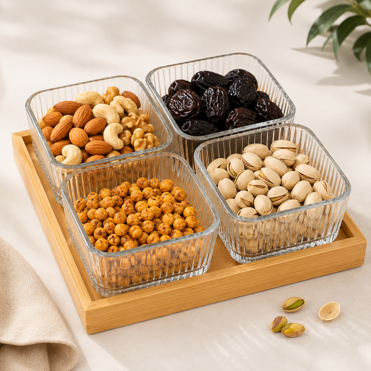 Glass Serving Bowl Set with Wooden Tray – 3 or 4 Bowls