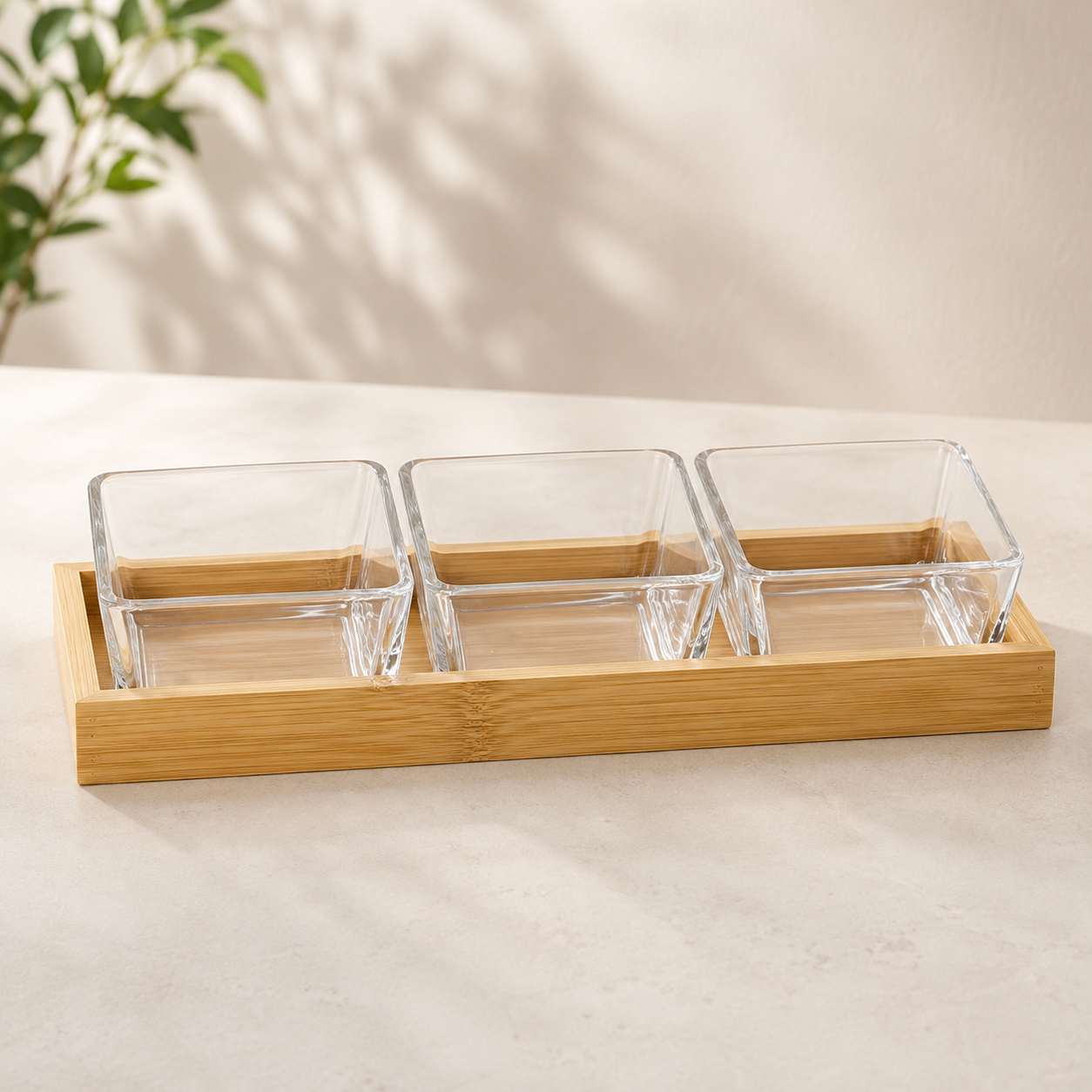 Glass Serving Bowl Set with Wooden Tray – 3 or 4 Bowls