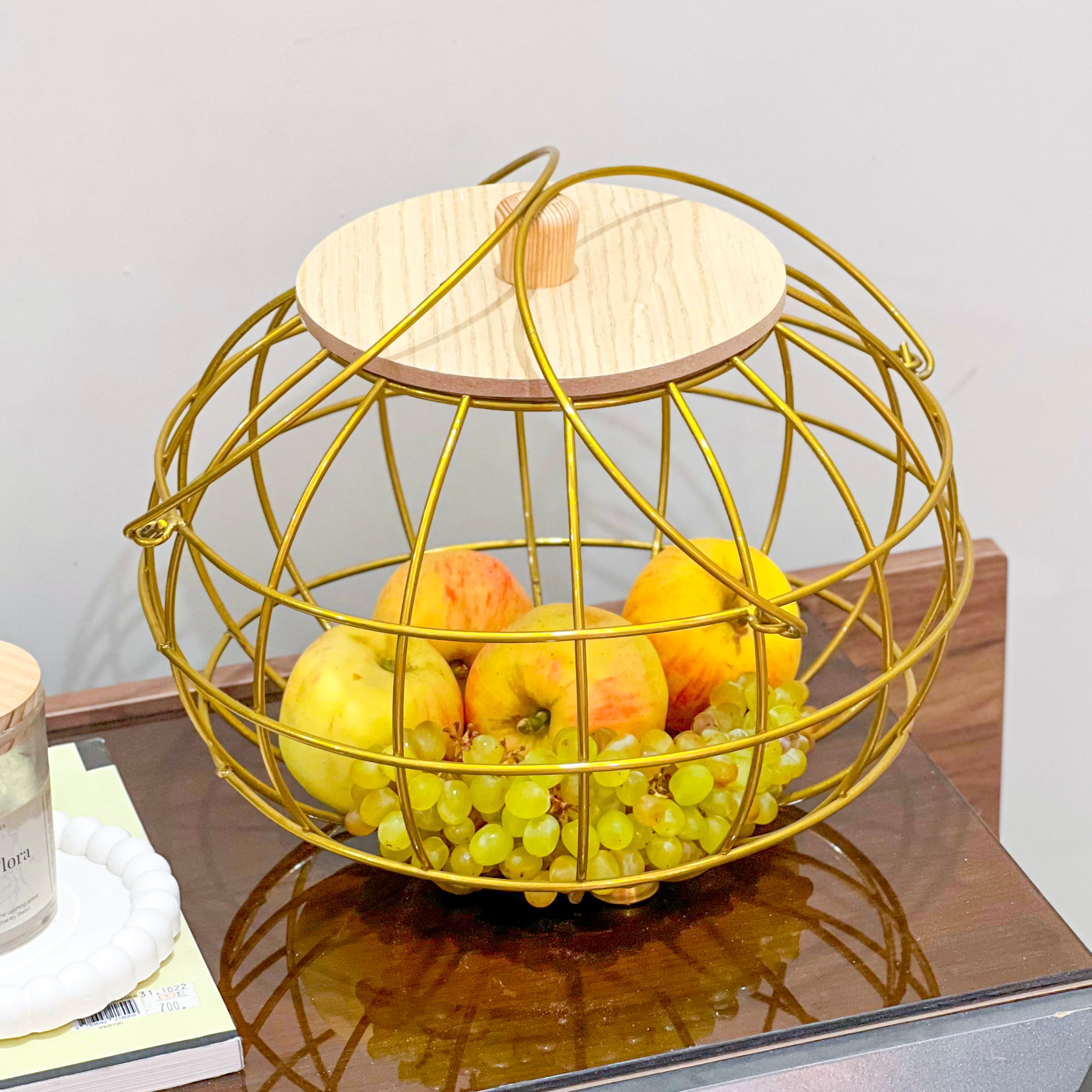 Golden Multipurpose Basket with Wooden Lid & Handles by Matrix