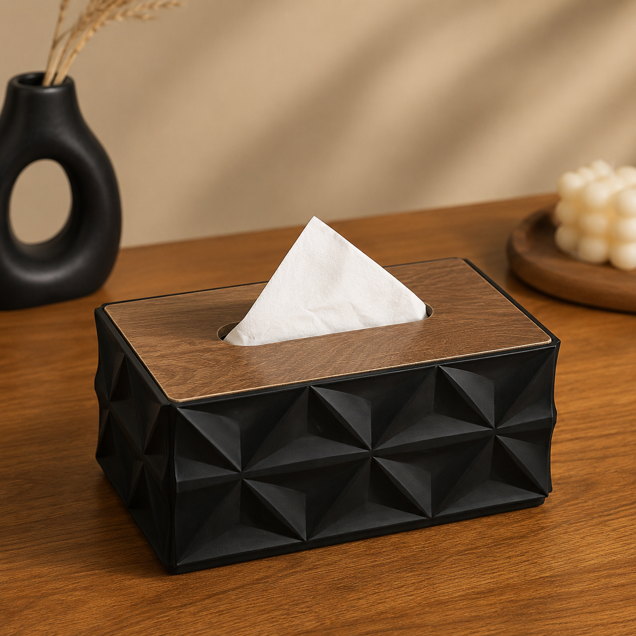 Loose-Fill Geometric Tissue Box with Removable Real Wood Lid