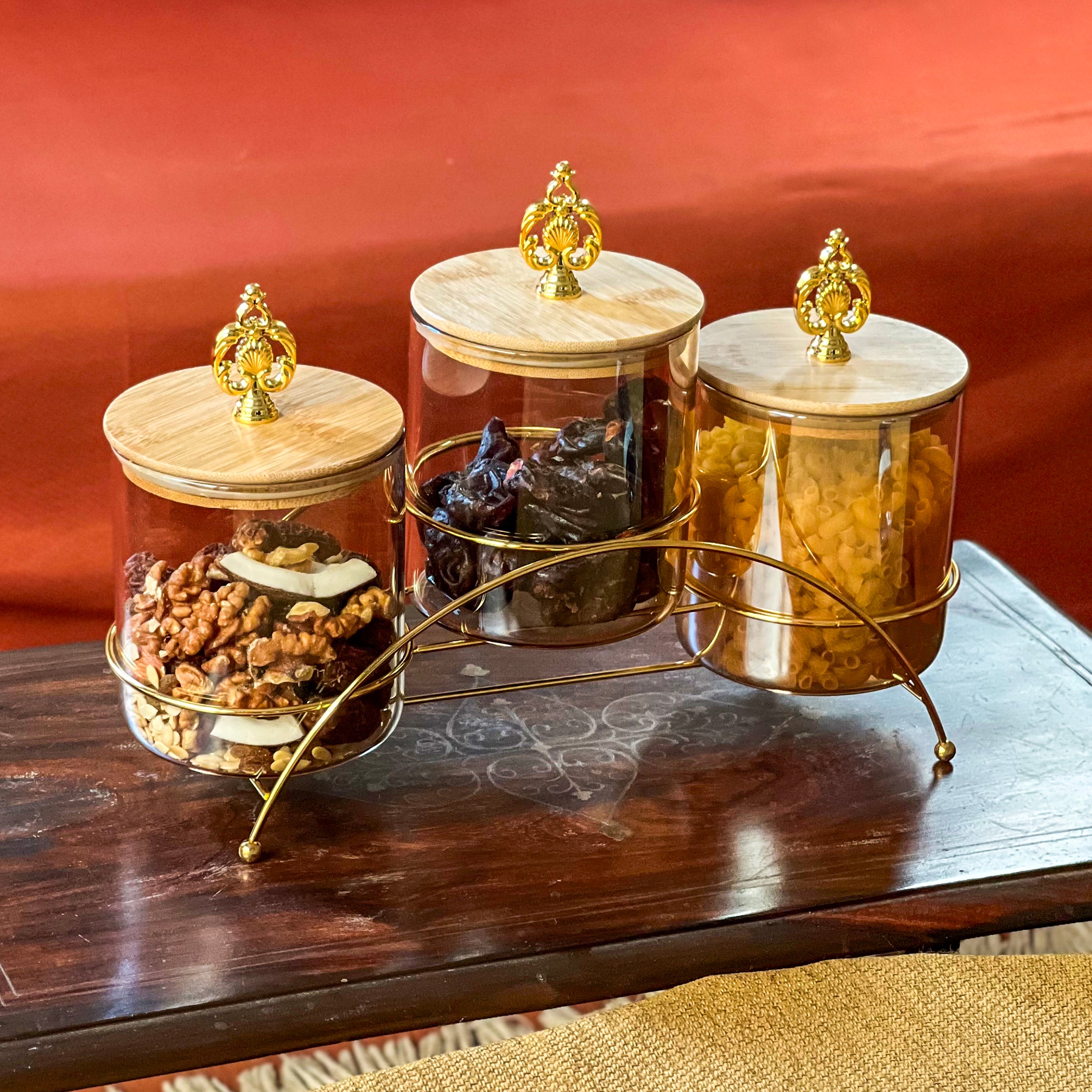 Majestic 3-Piece Glass Jar Set with Golden Metal Stand (1125)