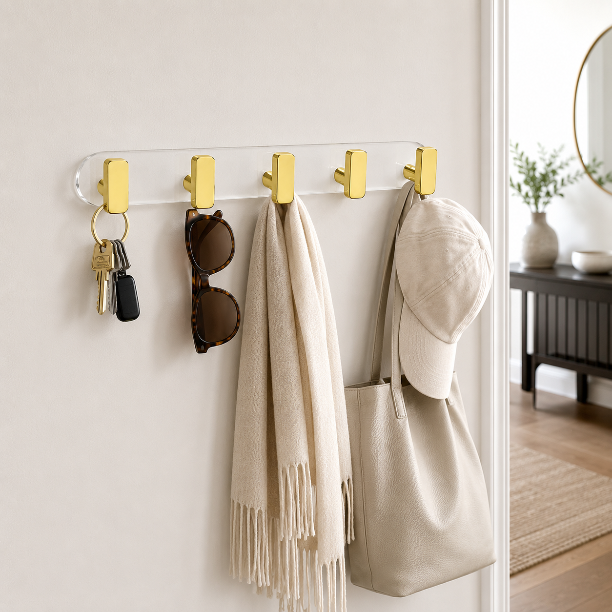 No-Drill Wall Hook Rail with 5 Sliding Gold-Tone Hooks