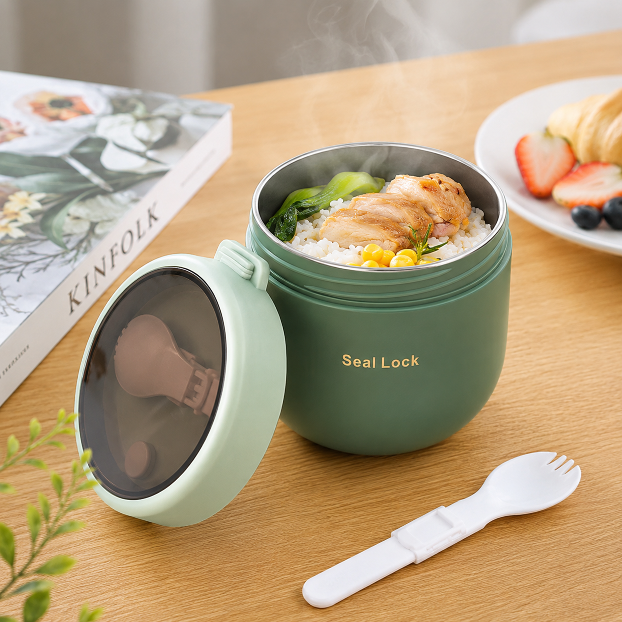 Portable Breakfast Bowl with Seal Lock Lid & Attached Spoon